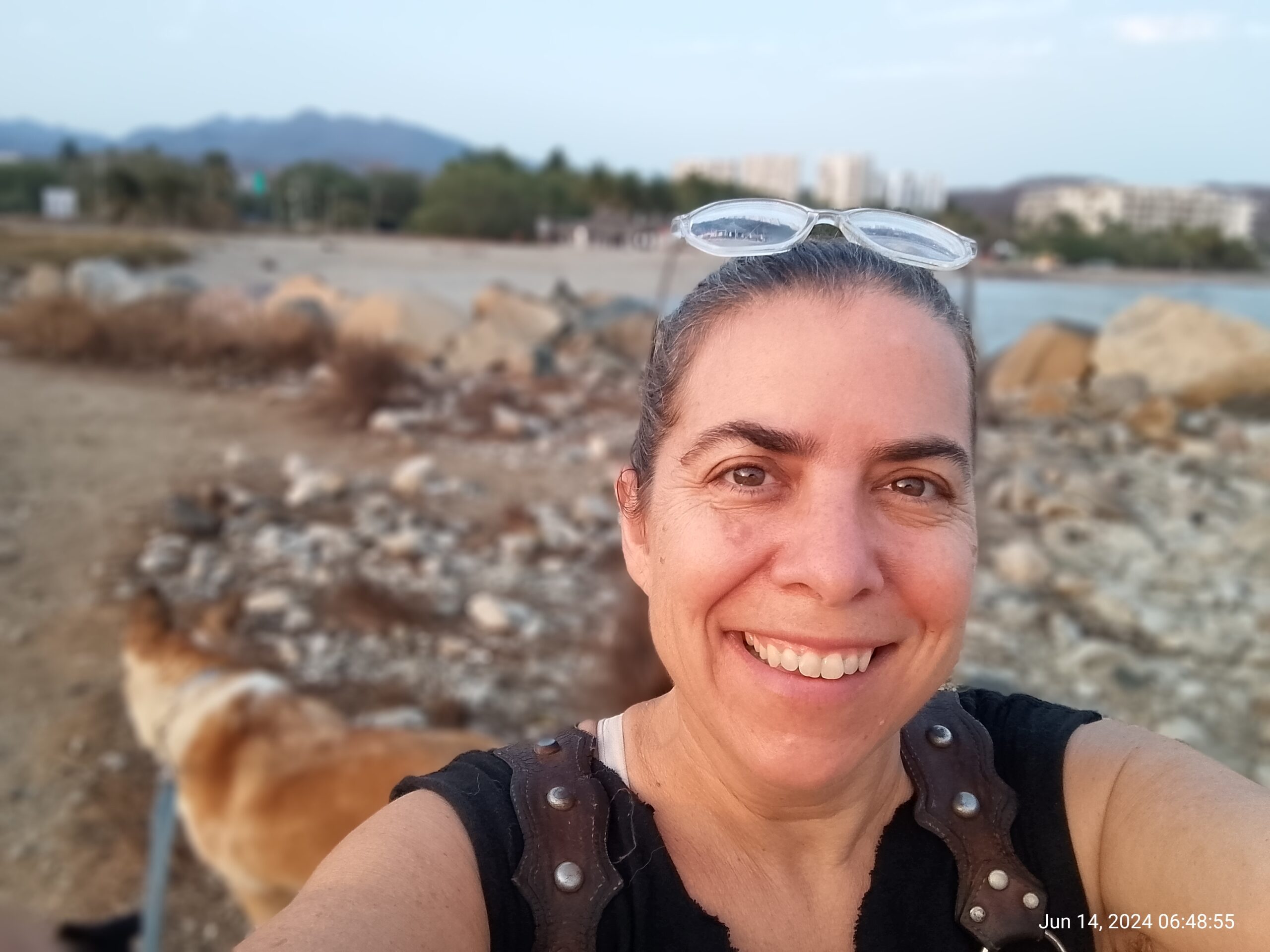 The author smiling in front of a rocky beach, with her dogs in the background.